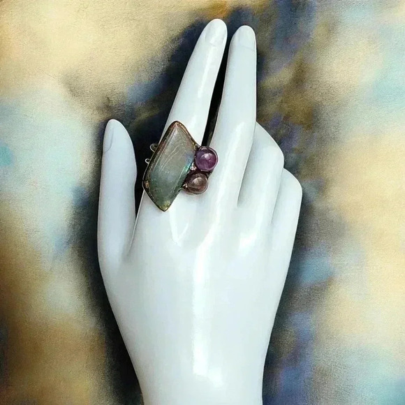 🆕️Boho Chic Labradorite & Amethyst Adjustable Copper Ring Rustic Vintage Style - Picture 16 of 17